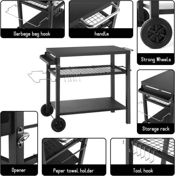 Three Shelf Grill Cart Table - Movable Outdoor Dining Cart - Image 6