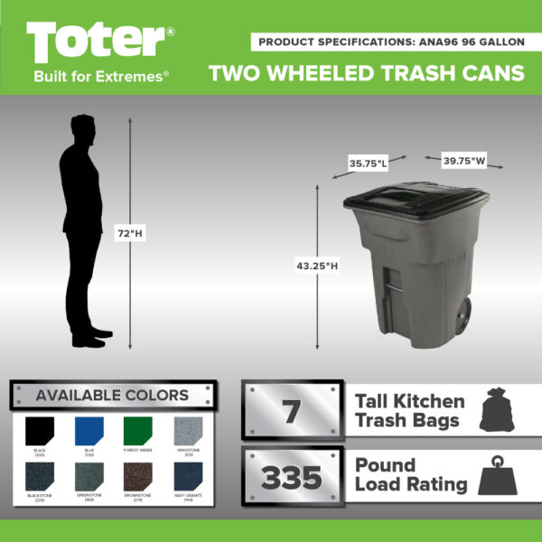 Toter 96 Gallon Trash Can with Smooth Wheels and Lid ; - Image 2