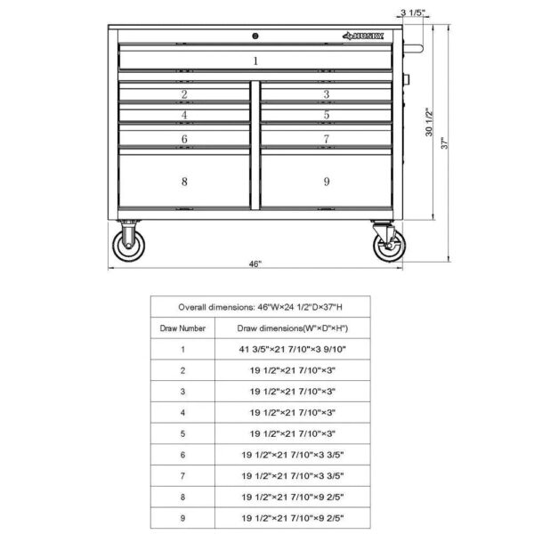 46 in. W x 24 in. D 9-Drawer Gloss Black Deep Tool Chest Mobile Workbench - Image 5