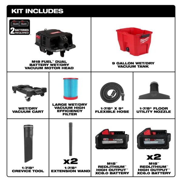 0920-20-48-11-1880-48-11-1862 M18 FUEL 9 Gal. Cordless DUAL-BATTERY Wet/Dry Shop Vacuum w/XC 8.0 Ah Battery High Output 6.0Ah Batteries (2-Pack) - Image 17