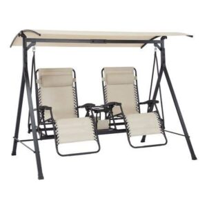 Zero-Gravity Steel Porch Swing Beige/Black, Size: 90.55 inch x 58.27 inch x 72.44 inch