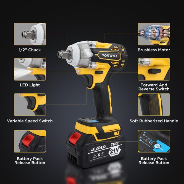 VQJTCVLY 21V Brushless Cordless Impact Wrench 1/2′′ with 2x 4.0Ah Batteries, 5 Sockets, 7 Drill Bits, Yellow - Image 4