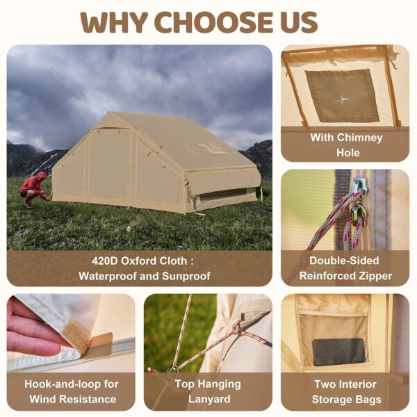 6 Person Inflatable Camping Tent with Pump, 10ft x7ft Glamping Family Tent Easy Setup 4 Season Waterproof Windproof Outdoor Blow Up Tent Luxury Oxford Cabin with Mesh Windows & Doors - Image 5