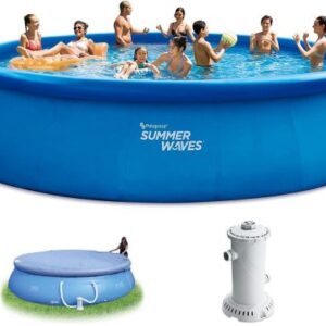 Summer Waves 18ft x 48in Quick Set Above Ground Inflatable Swimming Pool with Filter Pump, Cover, and Ground Cloth