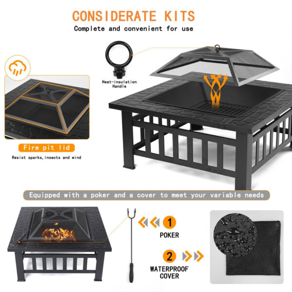 Uhomepro 32" Wood Burning Fire Pit Tables with Screen Lid, Poker, BBQ Net, Ice Tray, Food Clip and Cover - Image 5
