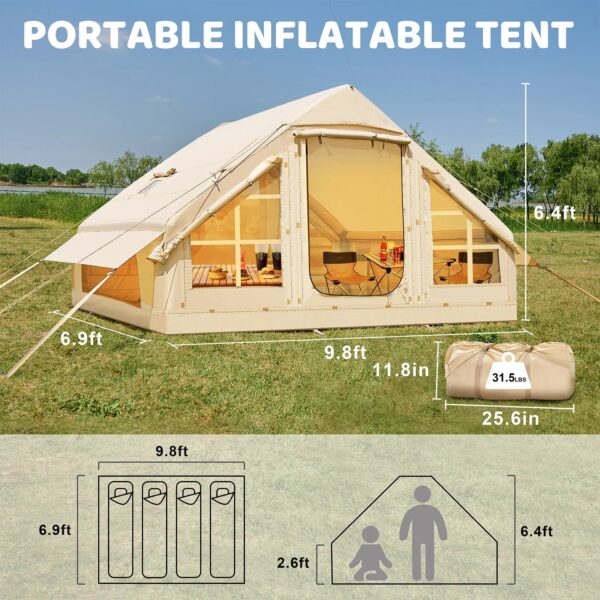 6 Person Inflatable Camping Tent with Pump, 10ft x7ft Glamping Family Tent Easy Setup 4 Season Waterproof Windproof Outdoor Blow Up Tent Luxury Oxford Cabin with Mesh Windows & Doors - Image 3