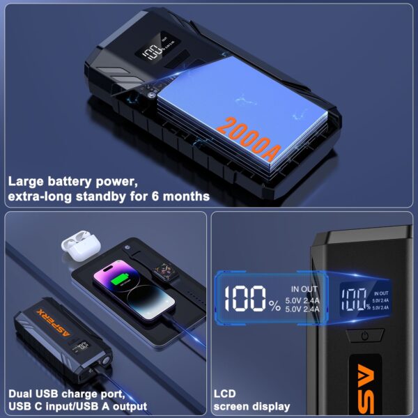 ASPERX AX2000 Car Jump Starter 2000A Peak for 8.0L Gas/6.5L Diesel, 12V Battery Booster with LED Light & Power Bank - Image 4