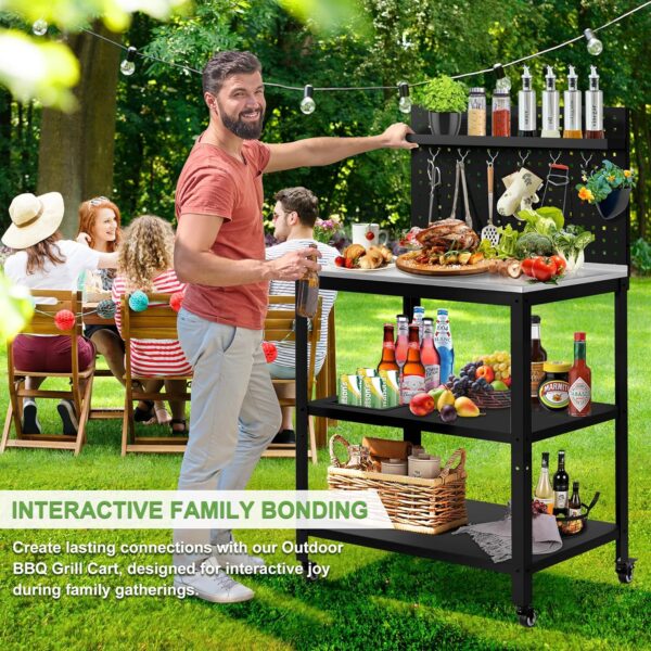 304 Stainless Steel Outdoor Grill Cart with Wheels | Movable BBQ Cart with Pegboard - Image 2