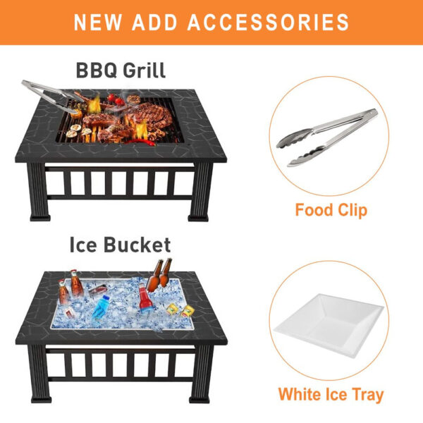 Uhomepro 32" Wood Burning Fire Pit Tables with Screen Lid, Poker, BBQ Net, Ice Tray, Food Clip and Cover - Image 7