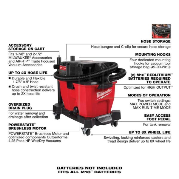 0920-20-48-11-1880-48-11-1862 M18 FUEL 9 Gal. Cordless DUAL-BATTERY Wet/Dry Shop Vacuum w/XC 8.0 Ah Battery High Output 6.0Ah Batteries (2-Pack) - Image 23