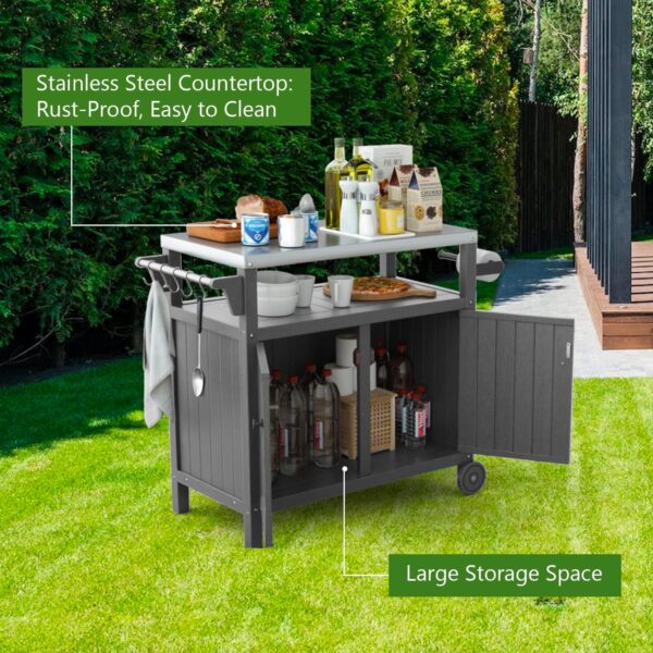 "Portable Outdoor Grill Prep Table with Storage, Stainless-Steel Tabletop, BBQ Cart with Wheels and Side Shelf | Gray" - Image 11