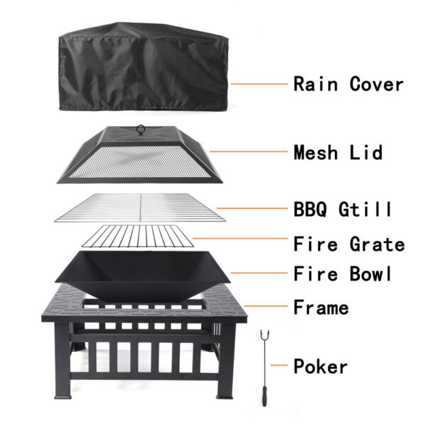 Uhomepro 32" Wood Burning Fire Pit Tables with Screen Lid, Poker, BBQ Net, Ice Tray, Food Clip and Cover - Image 9