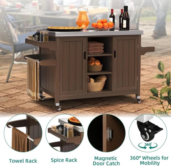 "XL Solid Wood Grill Cart Outdoor Storage Cabinet, Stainless Steel Top, Spice Rack, Side Handle, Brown" - Image 6