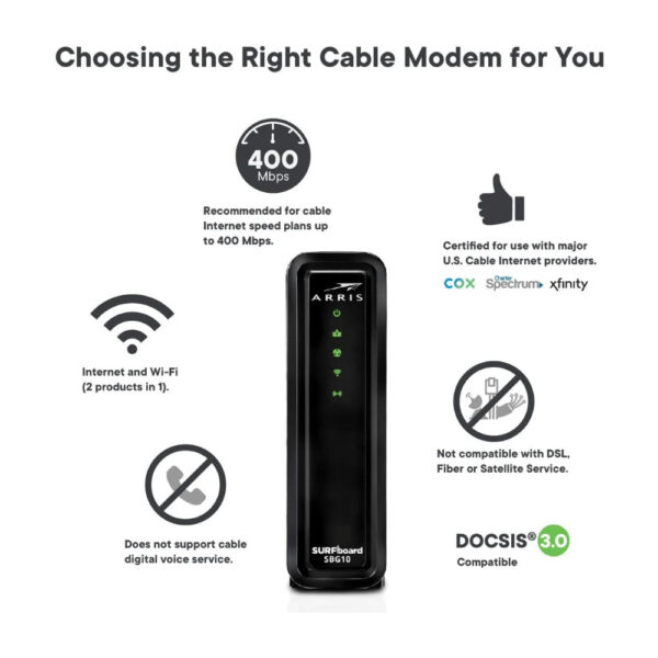 Arris SURFboard SBG10 DOCSIS 3.0 Cable Modem & AC1600 Dual Band Wi-Fi Router - Image 2