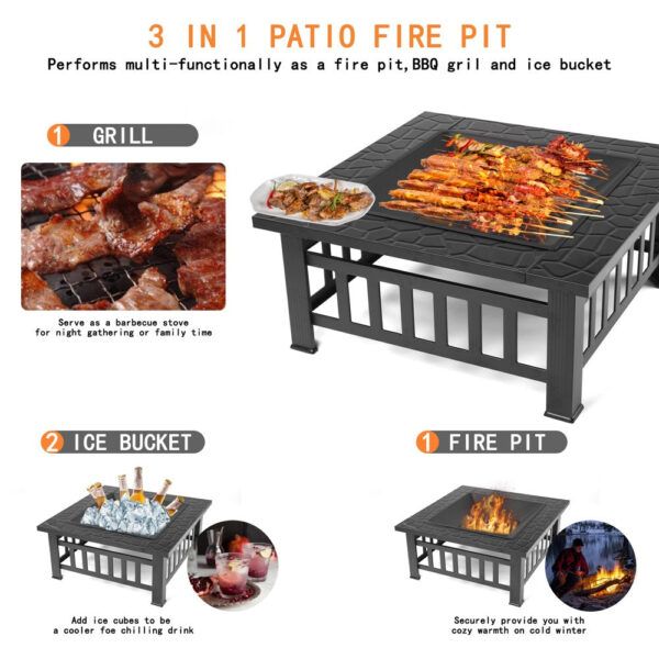 Uhomepro 32" Wood Burning Fire Pit Tables with Screen Lid, Poker, BBQ Net, Ice Tray, Food Clip and Cover - Image 4